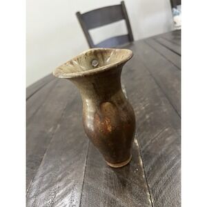 Wagner Village Art Pottery Small Wall Vase Brown Glaze 5 7/8"